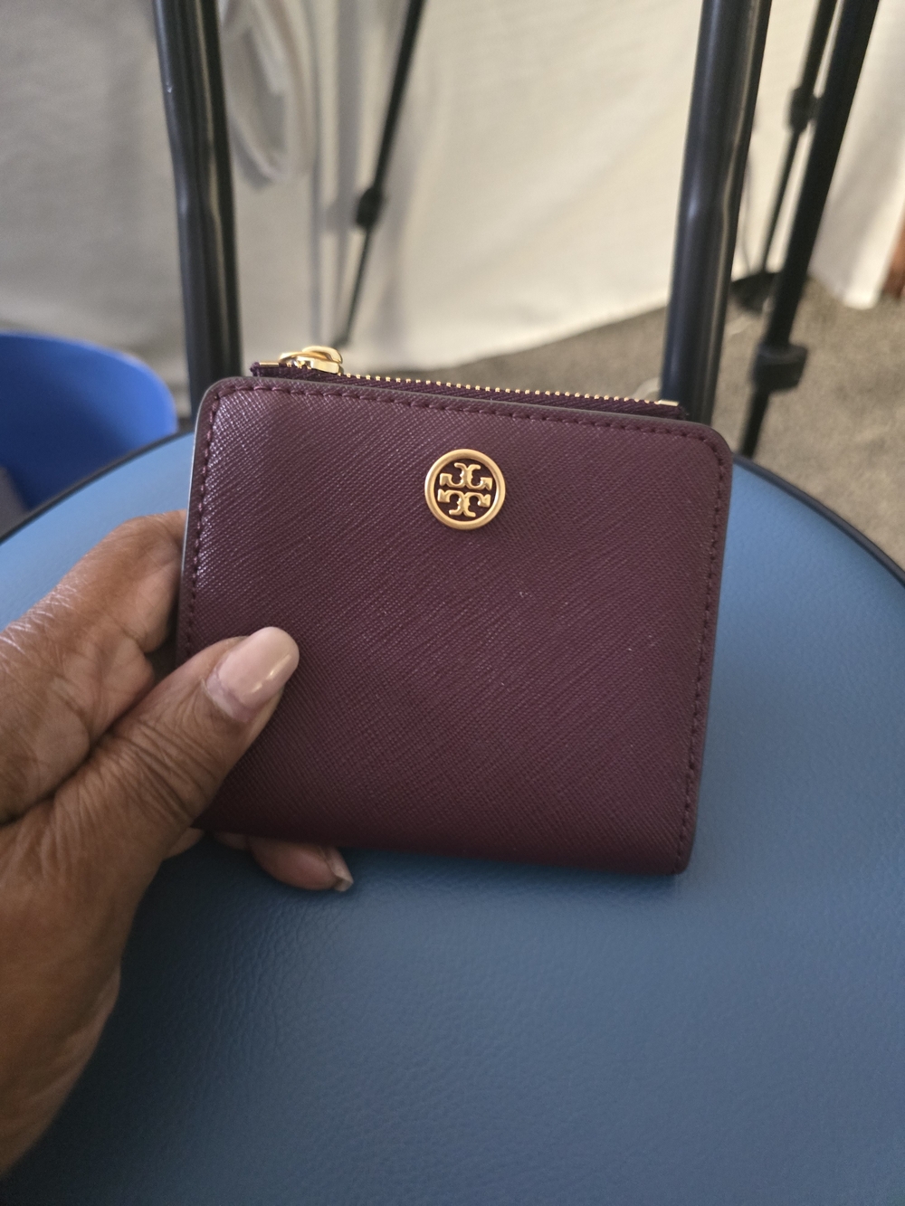 Tory Burch Zip Card Holder in Deep Burgundy with Gold Logo